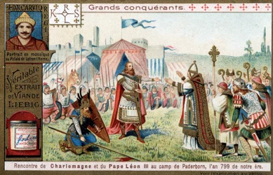 Grandes conquistadores: retrato de Carlos Magno (742 ou 747-814) e seu encontro com o Papa Leão III (750-816) no acampamento Paderborn (Alemanha), em 799 - Cromolitografia de Liebig