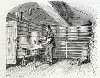 Loja de queijos Gruyère num chalé suíço (lavagem da crosta) - em "As maravilhas da indústria" de Louis Figuier
