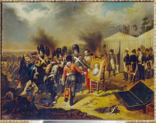 Guerras Napoleônicas, Campanha Russa (1812): Guarda Real de Napoleão I admirando o retrato do filho do Imperador, Napoleão II Duque de Reichstadt e Rei de Roma (1811-1832), apelidado de Aiglon - O Imperador observa a cena em frente ao seu barraca