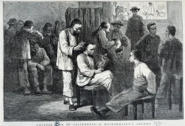 Salão de cabeleireiro na comunidade chinesa da Califórnia - gravura