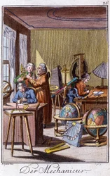Metier feito à mão: o mecânico com instrumentos de precisão na sua oficina. Em "Comprehensive description of arts and crafts and workshops for young people" por Johan Peter Vue. Ed. Nuremberga, Weigel e Schneider