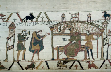 Haroldo, que voltou à Inglaterra, após sua embaixada no Duque Guilherme o Conquistador (1027-1087), recitou sua viagem ao Rei Eduardo, o Confessor Detalhe da Tapeçaria de Bayeux ou Bordado da Rainha Mathilde