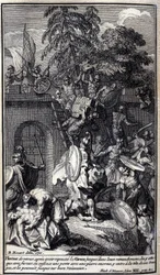Hector, de volta depois de empurrar os gregos de volta às suas trincheiras, ataca-os com fúria, afunda uma porta com uma pedra enorme, entra nela à cabeça das suas tropas, e persegue-os até aos seus navios. Ilustração do livro XII da Ilíada de Homero, ediç