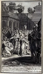 Hector, que veio a Tróia enquanto os gregos e os troianos estavam em suas mãos, foi afligido pela dor de Andromaque e pelo choro de seu filho, a quem ele beijou ternamente antes de voltar para a batalha. Ilustração do livro VI da Ilíada de Homero, Fren