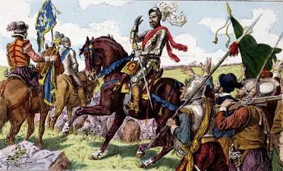 Henrique IV (1553 - 1610) na Batalha de Ivry (= Ivry the Battle in Normandy) em 1590. O imaginário infantil do século XIX.