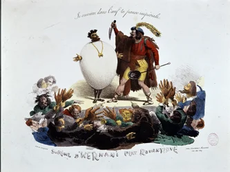O prato sublime e romântico de Hernani - desenho animado sobre a peça de Victor Hugo "Hernani" ("A Batalha de Hernani"), litografia anónima