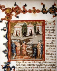 Historiae romanae décadas (= grupos de 10 livros) (em francês História de Roma desde sua fundação até 292 AC) por Titus Live (Titus Live) ou Titus Livius em latim (-59 - 17). Miniatura representando a conquete romana. sd. século XIV.