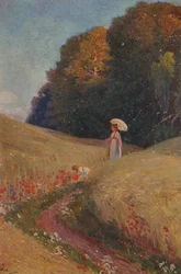 Cartão de saudação histórico após um quadro, mãe e filha a caminhar num prado de flores