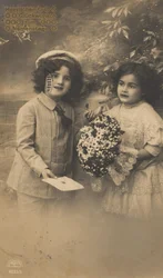 Cartão de saudação do dia do nome histórico, crianças em traje de boneca, kitschy, romântico
