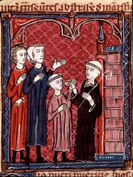História do Direito Canónico: "Dois pais levando seu filho a um mosteiro" Miniatura tirada do "Decret de Gratien" ("Concordia discordantium canonum" ou "Decretum Gratiani") datada de 1140 e regulando as leis e os cânones da Igreja Católica Romana. 1