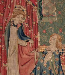 História de Saint Piat e Saint Eleuthère, Cena 11: As tentações de Saint Eleuthère (A menina tribuna vai morrer porque não pode obter o amor louco que a santa exige quando sua mantiel está puxando). Detalhe.