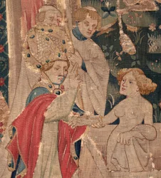 História de São Piat e Santa Eleutério, Cena 12: A ressurreição da filha do tribuno (Como Jehsucristo recuperou o bom santo e ressuscitou por tímida a filha do tribuno apresenta seu pai e o comum). Detalhe.