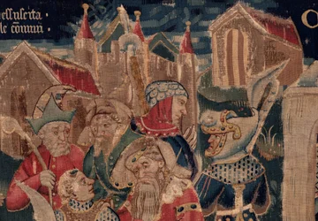História de São Piat e Santa Eleutério, Cena 12: A ressurreição da filha do tribuno (Como Jehsucristo recuperou o bom santo e ressuscitou por tímida a filha do tribuno apresenta seu pai e o comum). Detalhe.