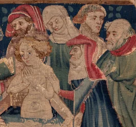 História de São Piat e Santa Eleutério, Cena 13: Baptismo de Blanda (Como os bons santos baptizaram a menina tribuna que foi ressuscitada dos mortos por um mistério muito grande: Blande que para o bom santo era mãe). Detalhe.