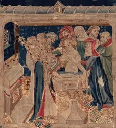 História de São Piat e Santa Eleutério, Cena 13: Baptismo de Blanda (Como os bons santos baptizaram a menina tribuna que foi ressuscitada dos mortos por um grande mistério: Blande que para o bom santo era mãe). Detalhe.
