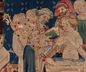 História de São Piat e Santa Eleutério, Cena 13: Baptismo de Blanda (Como os bons santos baptizaram a menina tribuna que foi ressuscitada dos mortos por um mistério muito grande: Blande que para o bom santo era mãe). Detalhe.