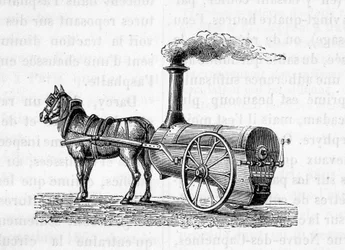 Cavalo puxando uma máquina a vapor - em "The Wonders of Industry" de Figuier