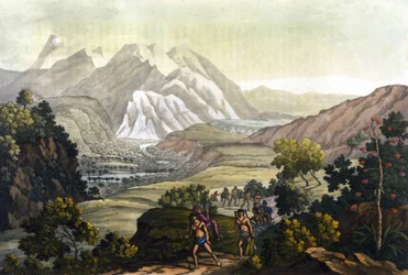 Humboldt e Bonpland atravessam a montanha de Quindiu em cadeiras de transporte. Da viagem aos Andes de Alexander Von Humboldt (Alexandre de Humboldt
