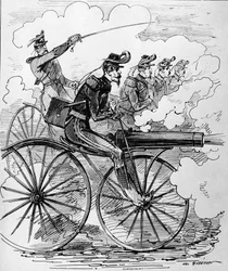 Gravação humorística: Velocipedomania aplicada a metralhadoras - século XIX.