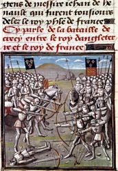 Guerra dos Cem Anos: a batalha de Crecy em 26/08/1346 entre os franceses e os ingleses. Miniatura das Crónicas de Jean Froissart (1337-1400)