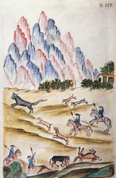 A caça ao gato selvagem na montanha, do livro "Trujillo del Peru" ou "Códice Martínez Compañón", de Baltazar Martinez Compañón y Bujanda, bispo de Trujillo (1782-1785)