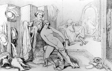 Ilustração representando Casanova e uma mulher nua - na "História da minha vida" de Casanova. Bruxelas 1872.