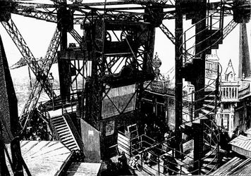 Ilustração sobre a construção da Torre Eiffel.