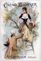 Ilustração publicitária para o cacau Blooker representando um jovem do século XVIII ajudando uma jovem mulher a descer uma escada.