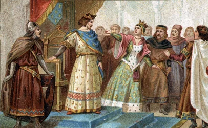Em 1274 a rainha Maria de Brabante foi falsamente acusada pelo grande camareiro Pierre de la Broce (Pierre de Brush) da morte do jovem príncipe Luís de França, filho viril de Filipe III e Isabel de Aragão. Cromolitografia do final do século XIX.