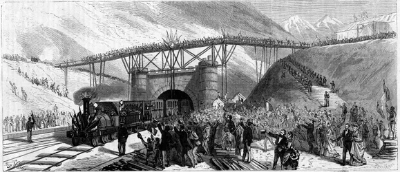 Inauguração do túnel do Mont Cenis (Monte Cenisio) em 1871. Chegada do comboio convida a Bardonneche (Bardonecchia)