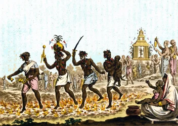 Índia. Fakirs andando sobre brasas incandescentes. Gravura do século XIX.
