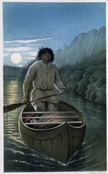 Canoagem Indiana em Noite de Lua Cheia - em "Exploração da Península do Labrador", por Hind