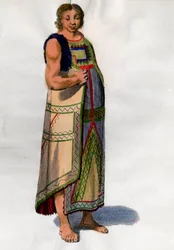 Traje indígena de Montevidéu, no Uruguai. Litografia do final do século XVIII. Paris, artes decorativas