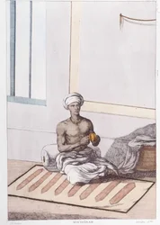 Cultura, civilização e sociedade indiana: músico com percussão indiana tradicional. Gravura a partir de 1808.