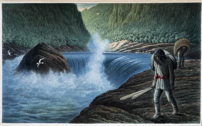 Índio perto das corredeiras: "a terceira corredeira sobre o rio" - em "Exploration of the Labrador Peninsula", de Hind, Henri Youle