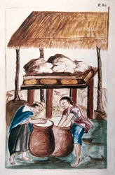 Índios fazendo queijo, do livro "Trujillo del Peru" ou "Códice Martínez Compañón", de Baltazar Martinez Compañón y Bujanda, bispo de Trujillo (1782-1785)