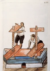 Índios prensando (engomando) linho, do livro "Trujillo del Peru" ou "Códice Martínez Compañón", de Baltazar Martinez Compañón y Bujanda, bispo de Trujillo (1782-1785)