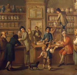 Interior de uma farmácia, pintura de um artista desconhecido