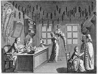 Interior de uma oficina de plumassier no século XVIII. Gravura do século XVIII.
