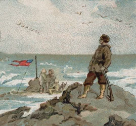 Isaac Israel Hayes (1832-1881) ostentando a bandeira americana nas margens do mar polar. Chromo do final do século XIX.