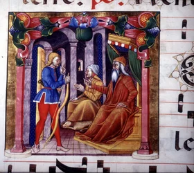 Isaac convida Esaú para caçar. Manuscrito do século XV. Antifonário do século XV. Biblioteca de Lodi