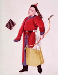 O fato de caça do imperador japonês. Ele está armado com um arco e flechas. Aquarela de Veneza do século XVIII, Biblioteca Marciana