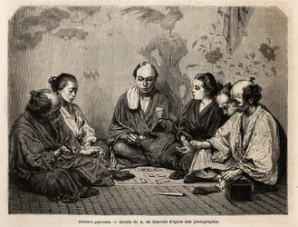 Jogadores japoneses no meio das cartas. Gravura para ilustrar o Japão, história de viagem de Aime Humbert, ministro da Confederação Suíça, em 1863-1864, publicada na "Le tour du monde, nouveau journal des voyages", sob a direcção de Edouard Charton