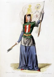 Jeanne Laisné, conhecida como Jeanne Fourquet, apelidada de Jeanne Hachette Heroína Francesa (1456 a?). gravura de 1835