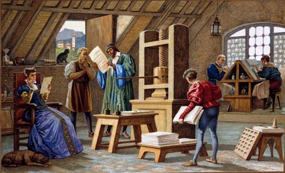 Johannes Gensfleisch Gutenberg (1400-1468), inventor da imprensa (1438). Cromolitografia do século XIX.