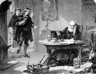 John Milton, poeta e ensaísta inglês (1608 - 1674) visitou Galileo Galilei (Galileu) (1564 - 1642) em sua cela da Inquisição de Florença. Gravura. 1860 aproximadamente.