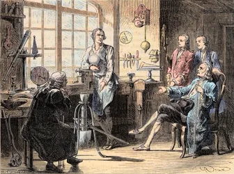 Joseph Black visitando James Watt em sua oficina em Glasgow - O químico escocês Joseph Black visita o engenheiro James Watt