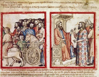 José à esquerda para o funeral de seu pai, ele vai atrás do Faraó Miniatura do códice 212 (ou códice padovano ou Bíblia de Pádua) 1390-1400 Rovigo, Accademia dei Concordi
