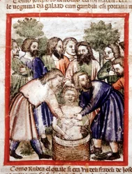 José vendido pelos seus irmãos e atirado para o poço. Miniatura do códice 212 (ou códice padovano ou Bíblia de Pádua) 1390-1400 Rovigo, Accademia dei Concordi