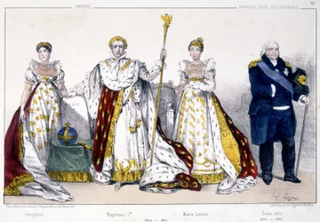 Josephine, Napoleão I, Marie Louise e Luís XVIII - em "La Monarchie francaise en estampes